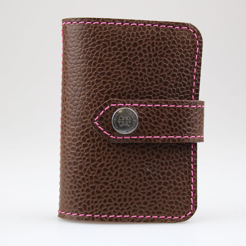 Stitched Brown Leather card walet with pink Thread with Nickel fixings made in Wiltshire Sam Brown London