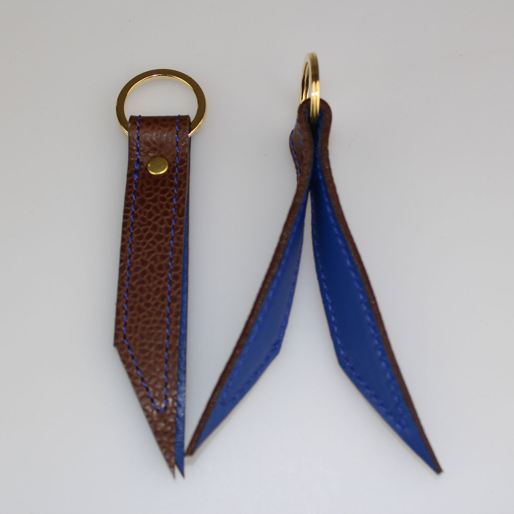 Brown Keyring with Blue lining & stitch detail made by Sam Brown London