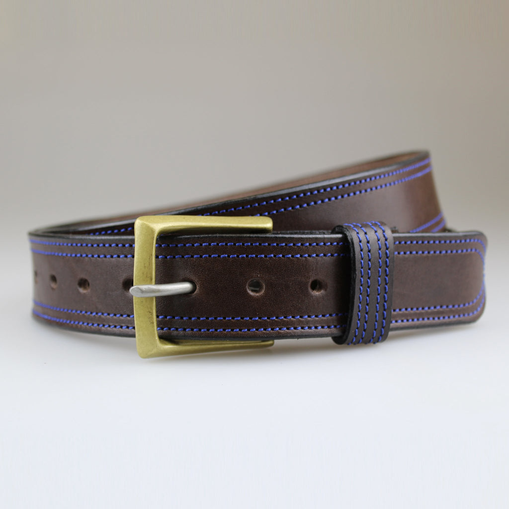 British-made-Brown-leather-belt-Blue-stitch-detail-Sam-Brown-London