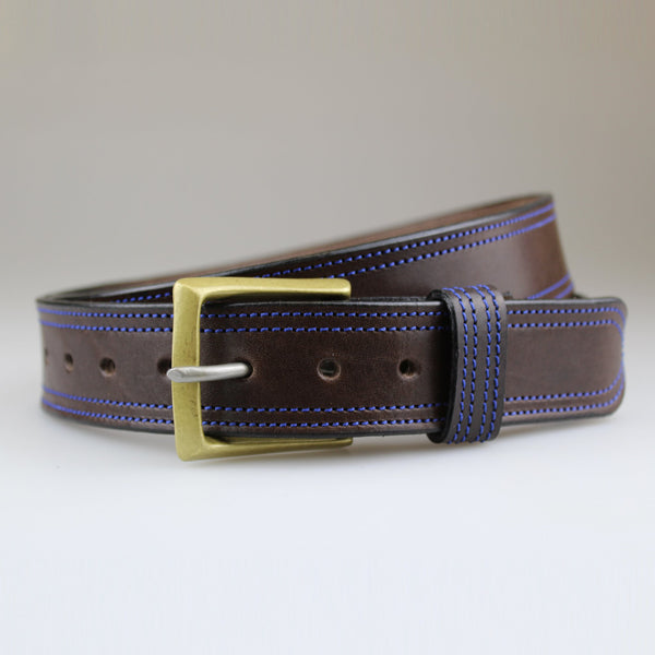 British-made-Brown-leather-belt-Blue-stitch-detail-Sam-Brown-London
