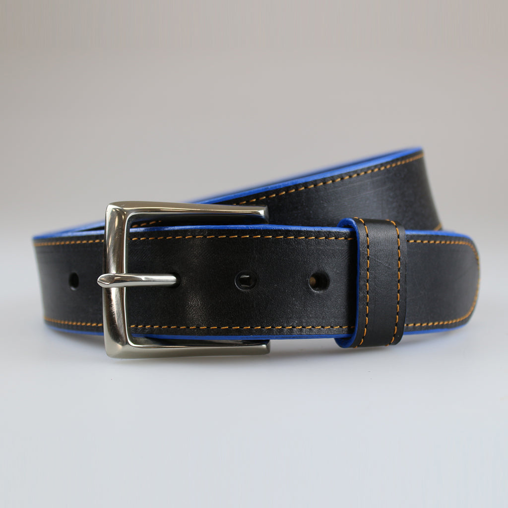 Handcrafted by Sam Brown London Black leather belt with hand painted blue edge & yellow stitch detail