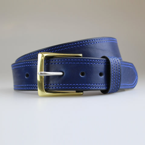 Unisex Jean belt in Blue leather with twin blue thread detail made in UK by Sam Brown London