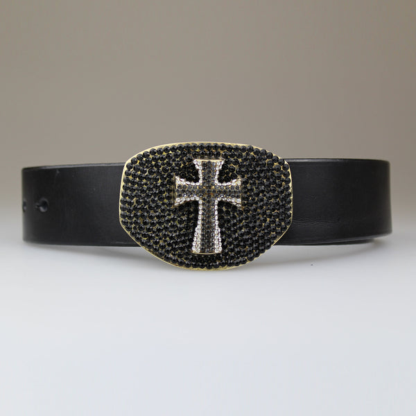 Jet black crystals encrusted cross on brass buckle on a black leather belt strap 