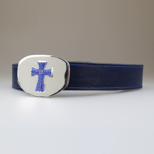 Encrusted buckle in Sapphire Blue  crystals on silver plated solid brass buckle with blue leather strap. Sam Brown London