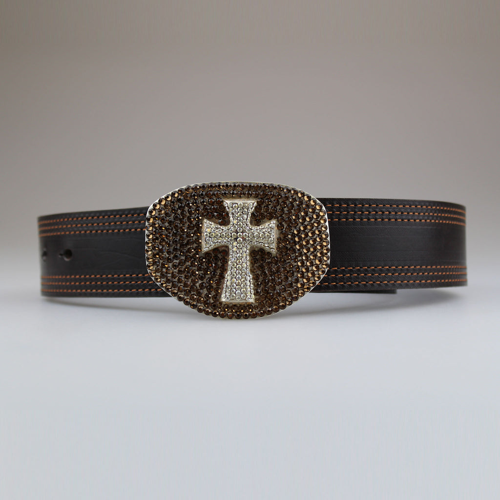Amber & white Encrusted crystal stones presented on silver plated solid brass buckle. Brown leather belt with triple stitching on the edges. Made by Sam Brown London Wiltshire England 