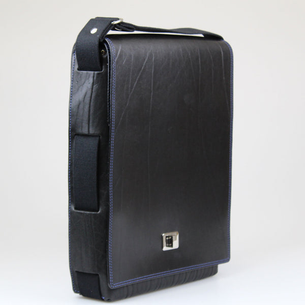 Business Bow Postal Computer bag case in black leather & blue stitching Hand Made in Wiltshie UK