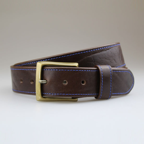 Sam Brown London makes Brown English bridle leather belts with-blue thread  with vintage brass buckle