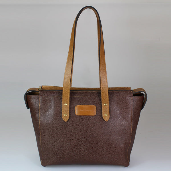 Striking_Brown-grain_calfskin_large_tote_bag_tan_smooth_leather_handles_made_in_UK